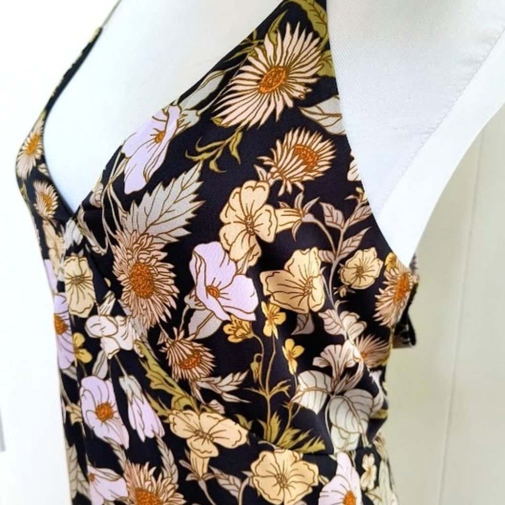 Black with Neutral Floral Print V-Neck Sating Dress